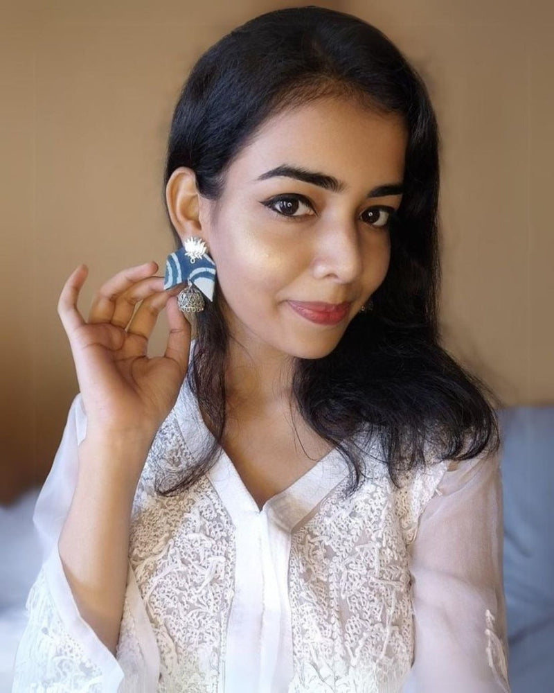 Indigo Blue printed Lotus charm Handmade Jhumka fabric Earrings | Verified Sustainable by Brown Living™