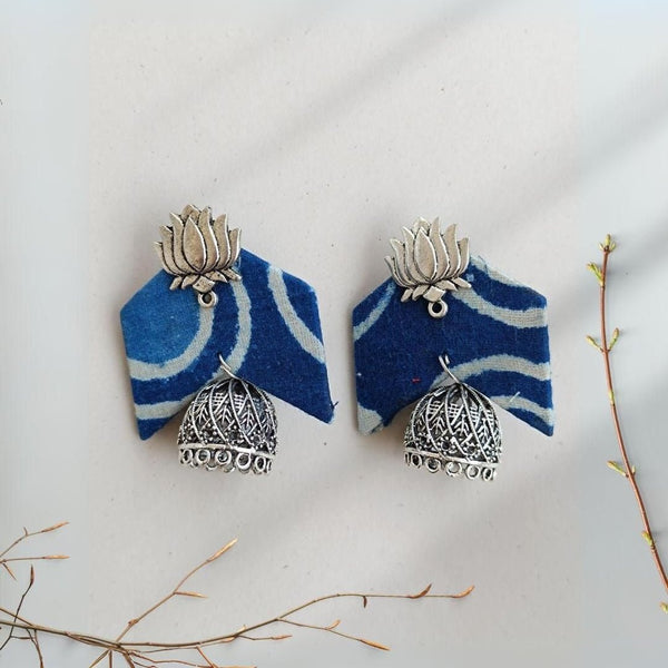 Indigo Blue printed Lotus charm Handmade Jhumka fabric Earrings | Verified Sustainable by Brown Living™