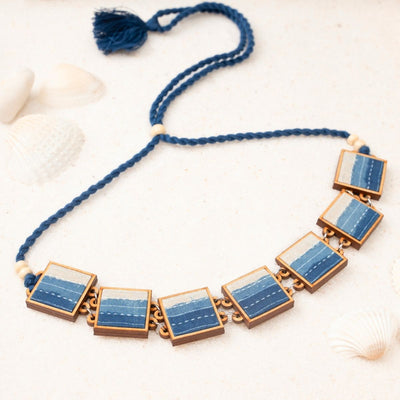 Indigo Blue Repurposed Fabric & Wood Jewellery Set – Womens Earrings on Brown Living™. SKU: JCC048. Img 4.