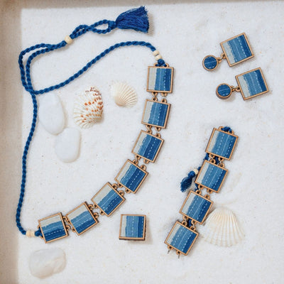 Indigo Blue Repurposed Fabric & Wood Jewellery Set – Womens Earrings on Brown Living™. SKU: JCC048. Img 3.