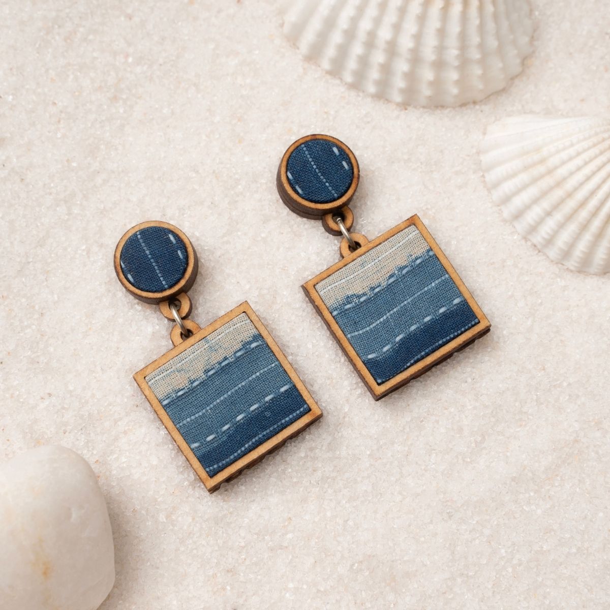 Indigo Blue Repurposed Fabric & Wood Jewellery Set – Womens Earrings on Brown Living™. SKU: JCC048. Img 7.