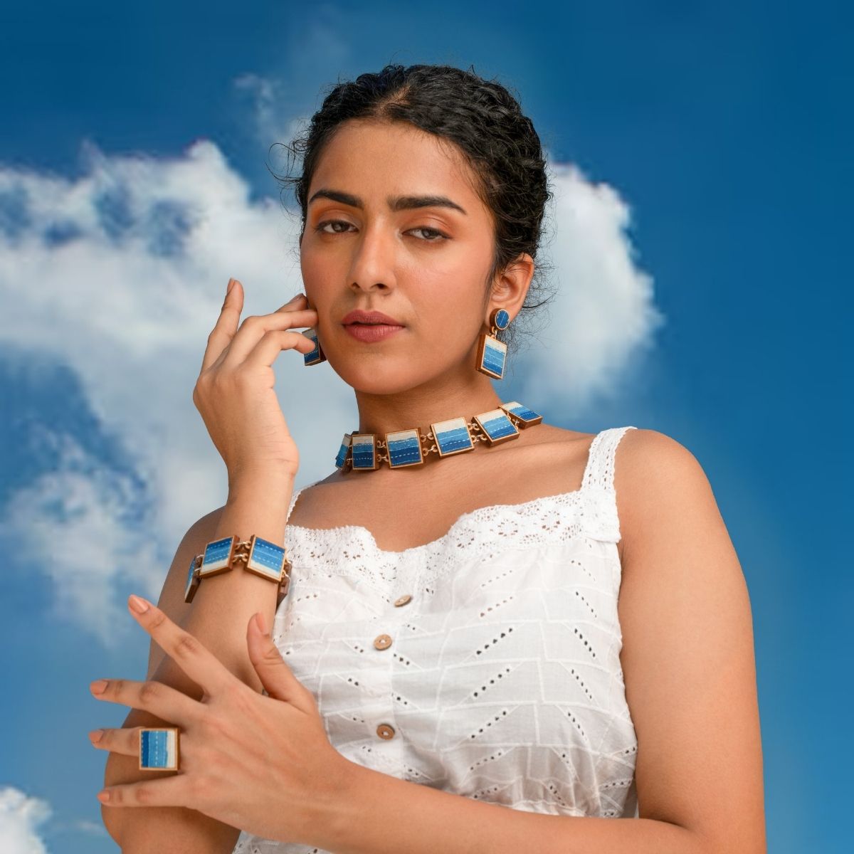 Indigo Blue Repurposed Fabric & Wood Jewellery Set – Womens Earrings on Brown Living™. SKU: JCC048. Img 2.