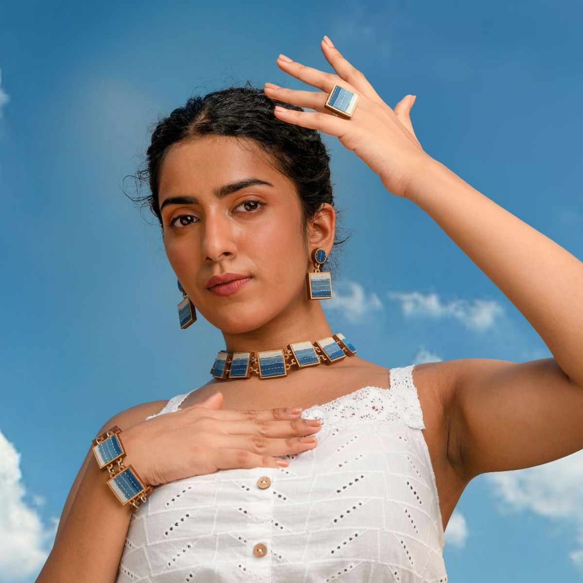 Indigo Blue Repurposed Fabric & Wood Jewellery Set – Womens Earrings on Brown Living™. SKU: JCC048. Img 1.