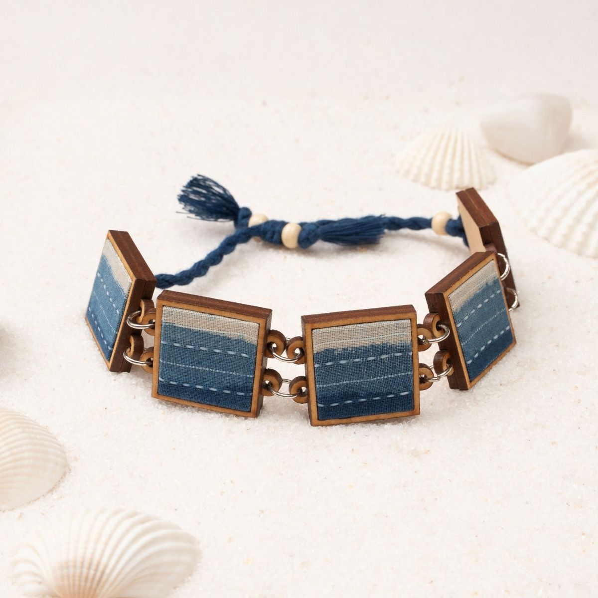 Indigo Blue Repurposed Fabric & Wood Jewellery Set – Womens Earrings on Brown Living™. SKU: JCC048. Img 5.