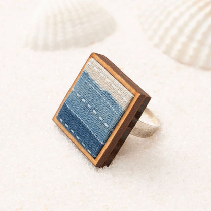 Indigo Blue Repurposed Fabric & Wood Jewellery Set – Womens Earrings on Brown Living™. SKU: JCC048. Img 6.