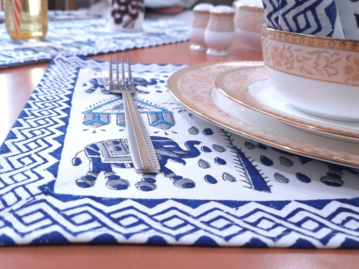 Indigo Elephant Pure Cotton Table Linen Set - 6 Seater | Verified Sustainable by Brown Living™