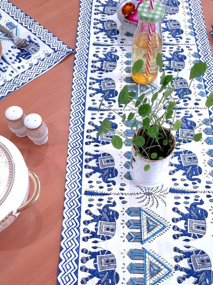 Indigo Elephant Pure Cotton Table Linen Set - 6 Seater | Verified Sustainable by Brown Living™