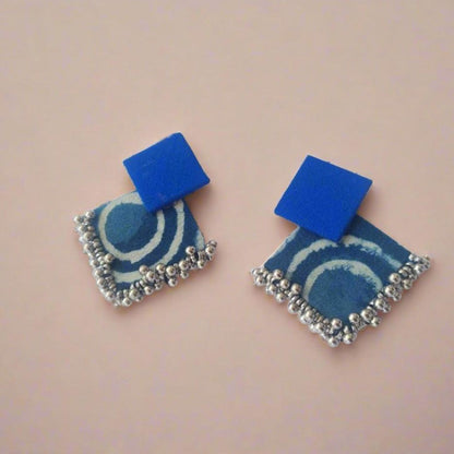 Indigo Print And Silver Ghungroo Fabric Earrings | Verified Sustainable by Brown Living™