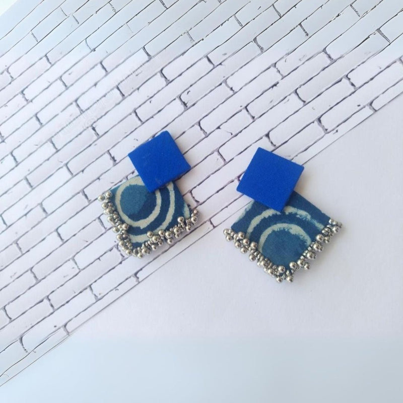 Indigo Print And Silver Ghungroo Fabric Earrings | Verified Sustainable by Brown Living™