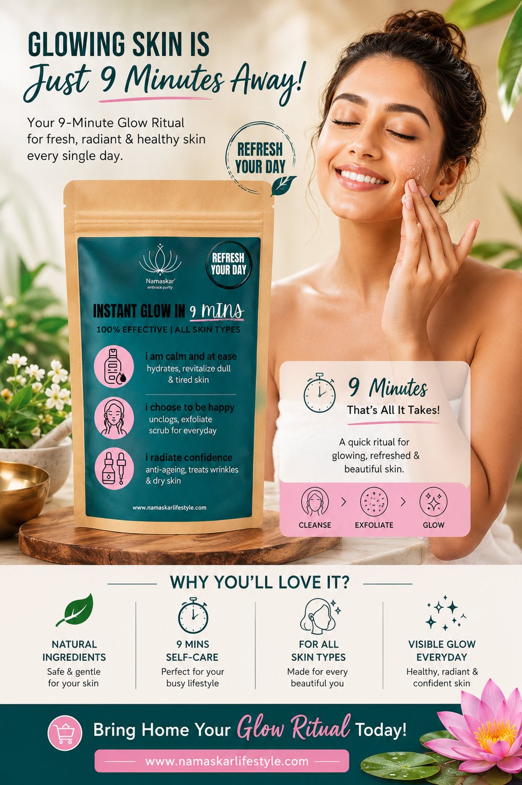 Instant Glow in 9 Mins Facial Kit – Quick Radiance for All Skin Types – Face Pack on Brown Living™. SKU: DIY-SKI-001-NAM. Img 3.