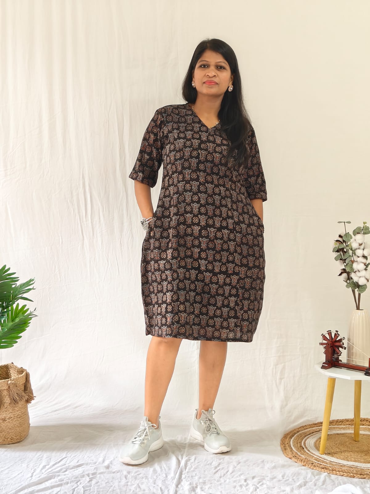 Ira Ajrakh Shift Dress – Handblock Printed Cotton Dress – Womens Dress on Brown Living™. SKU: JUL25-BAS-EDJB-AKS-1. Img 1.