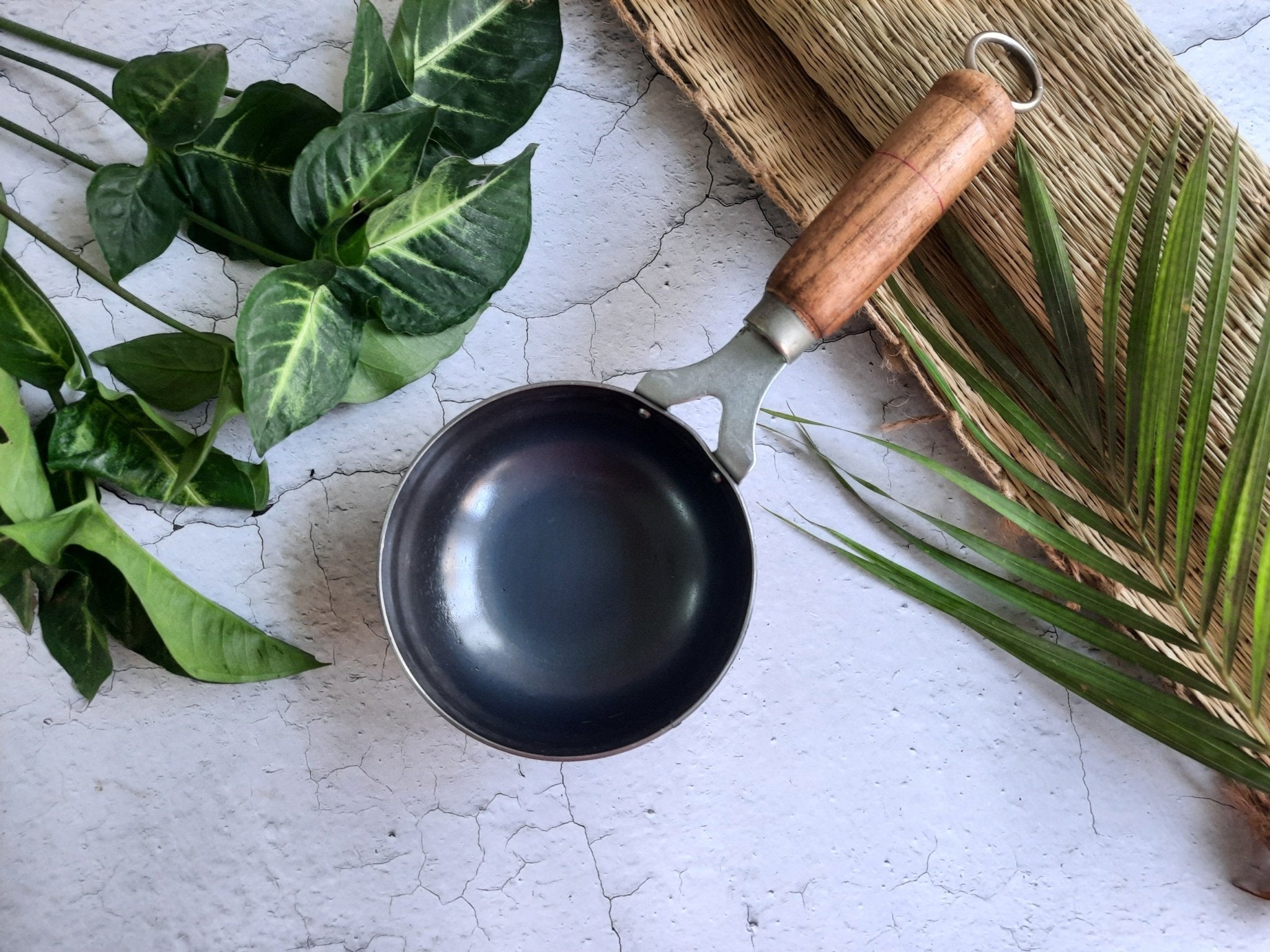 Iron Tadka Pan with Wooden Handle | Traditional Cooking Pan – Kitchen Tools on Brown Living™. SKU: ITPW. Img 1.