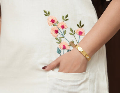Ivory Bloom Khadi Cotton Midi Dress | Peach Floral Embroidery – Womens Kurta on Brown Living™. SKU: NIRA-MIDI-PEACH. Img 5.