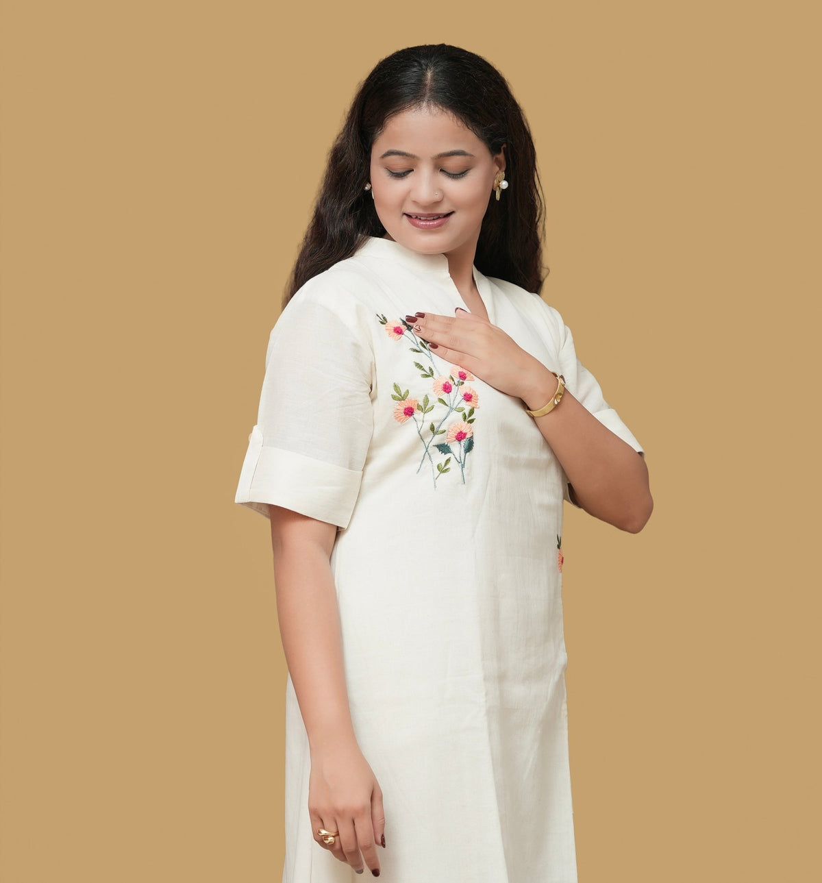 Ivory Bloom Khadi Cotton Midi Dress | Peach Floral Embroidery – Womens Kurta on Brown Living™. SKU: NIRA-MIDI-PEACH. Img 4.