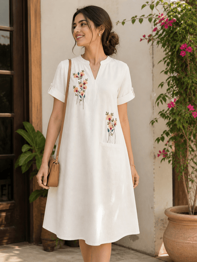Ivory Bloom Khadi Cotton Midi Dress | Peach Floral Embroidery – Womens Kurta on Brown Living™. SKU: NIRA-MIDI-PEACH. Img 2.