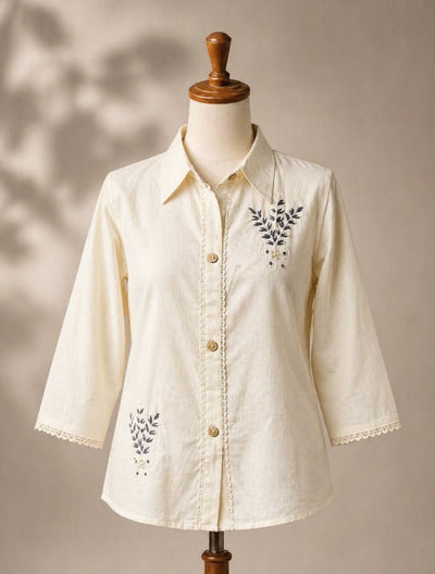 Ivory Cotton Embroidered Shirt Black Beads Work – Womens Top on Brown Living™. SKU: Shirt-black-beats. Img 1.