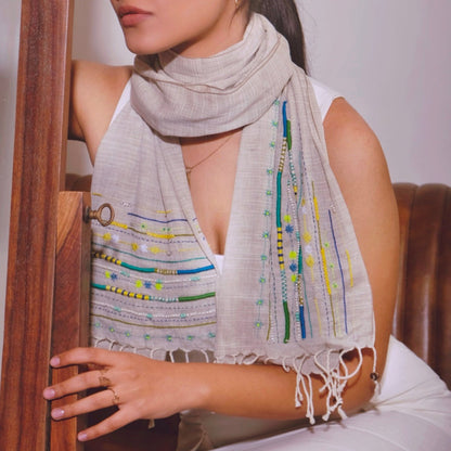 Ivory Linen Scarf with Delicate Rose Print – Womens Scarf on Brown Living™. SKU: ER - IVORYSCARF - 001. Img 1.
