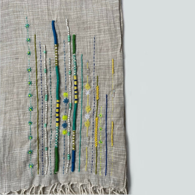 Ivory Linen Scarf with Delicate Rose Print – Womens Scarf on Brown Living™. SKU: ER - IVORYSCARF - 001. Img 4.