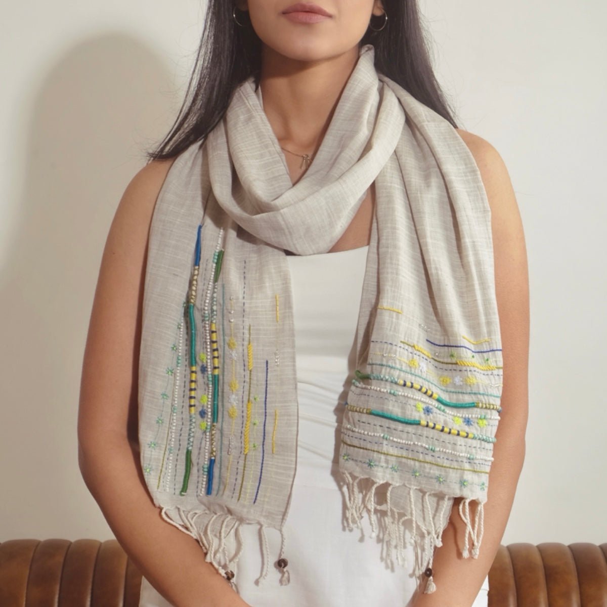Ivory Linen Scarf with Delicate Rose Print – Womens Scarf by erna available on Brown Living™. . SKU: ER - IVORYSCARF - 001. Img 2.