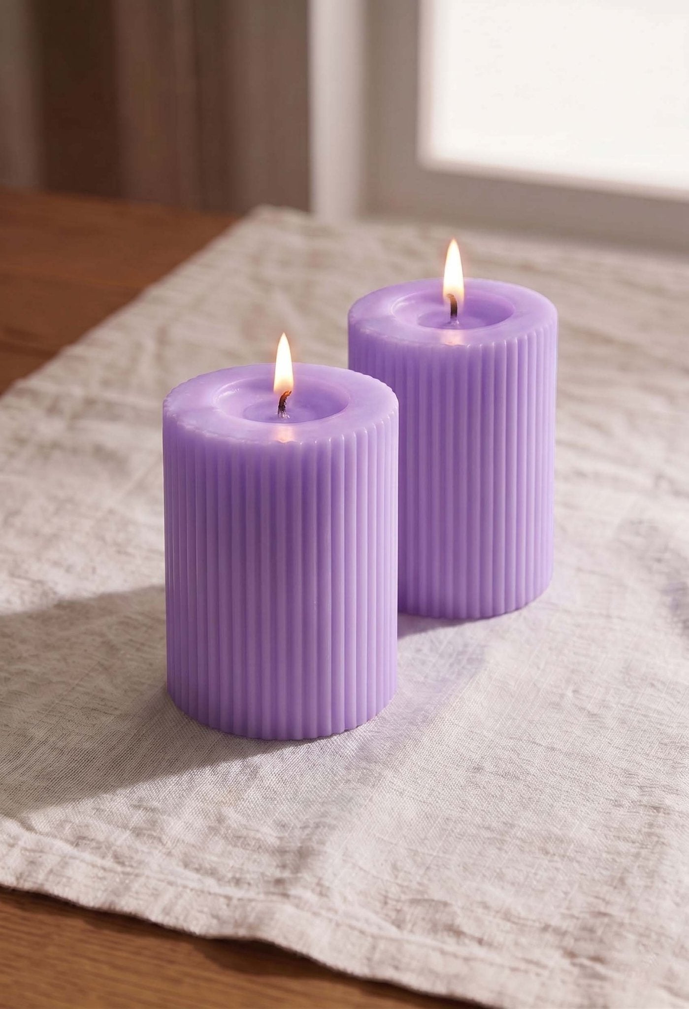 Ivory Ribbed Pillar Candles Set of 2 | Textured Decorative Candles – Candles & Fragrances on Brown Living™. SKU: IRC4. Img 1.