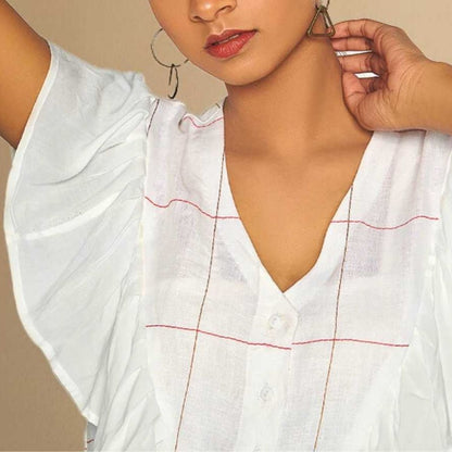 Iyla White Hemp Ruffle Shirt – Womens Shirt on Brown Living™. SKU: JDS4001XS. Img 3.