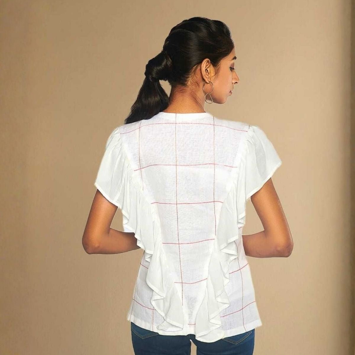 Iyla White Hemp Ruffle Shirt – Womens Shirt on Brown Living™. SKU: JDS4001XS. Img 5.