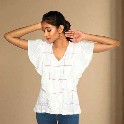 Iyla White Hemp Ruffle Shirt – Womens Shirt on Brown Living™. SKU: JDS4001XS. Img 1.