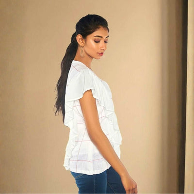 Iyla White Hemp Ruffle Shirt – Womens Shirt on Brown Living™. SKU: JDS4001XS. Img 4.