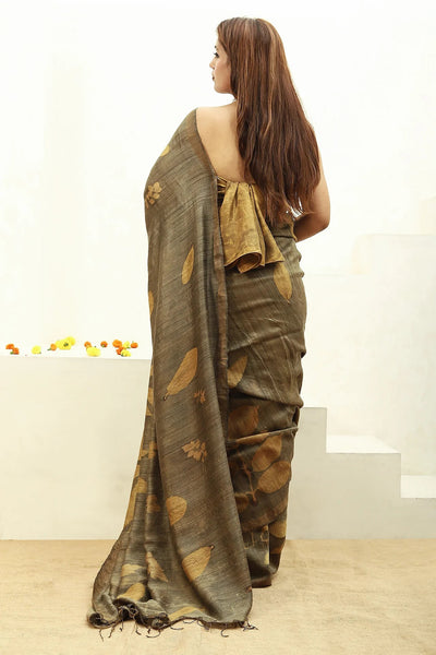 Jamun Ecoprinted Matka Silk Saree Natural Dye – Womens Saree on Brown Living™. SKU: MTS1. Img 3.