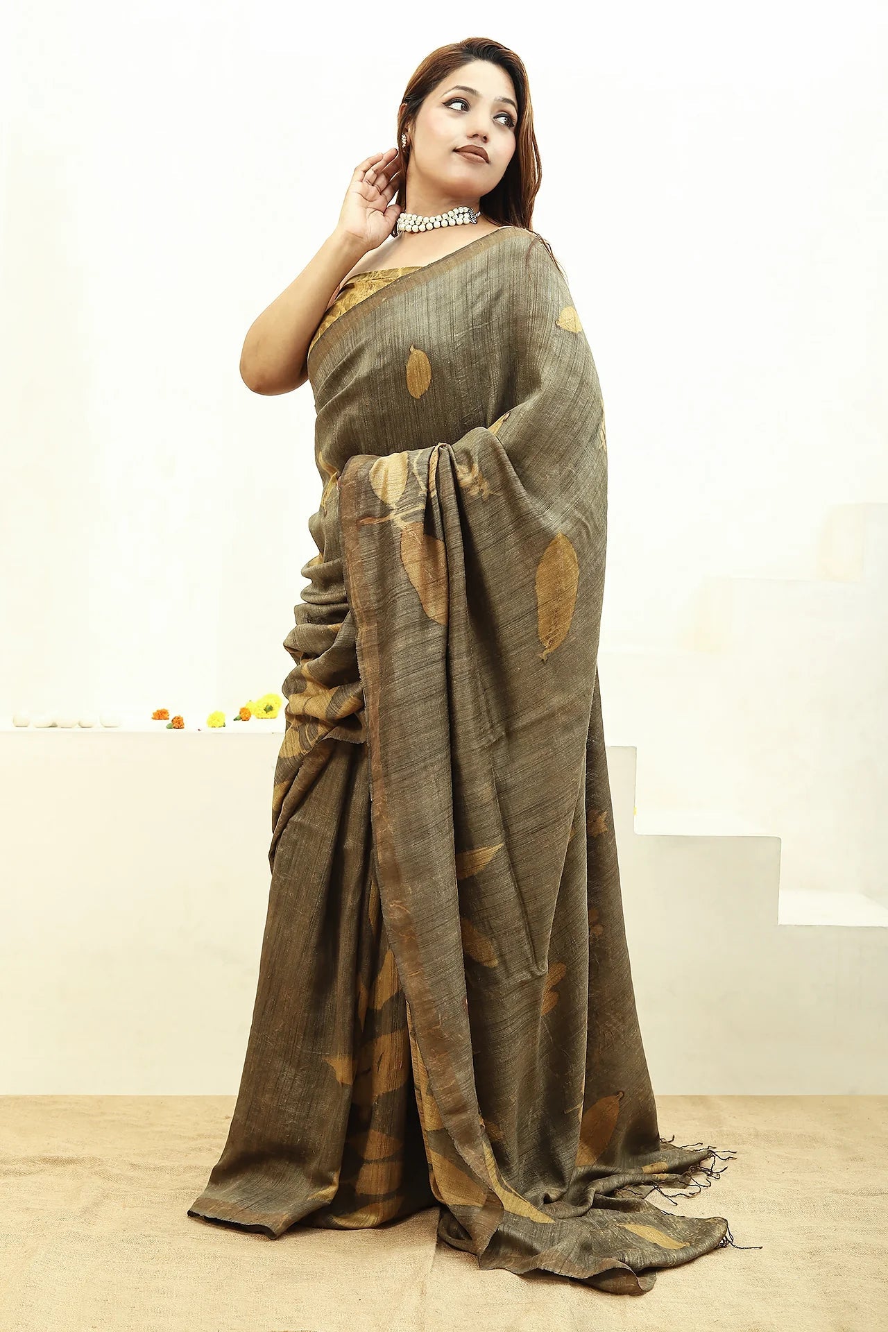 Jamun Ecoprinted Matka Silk Saree Natural Dye – Womens Saree on Brown Living™. SKU: MTS1. Img 6.