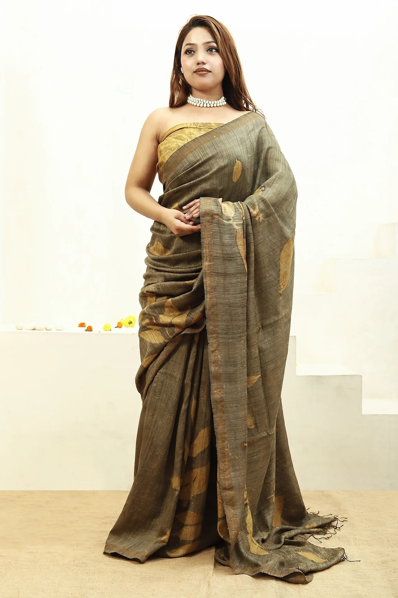 Jamun Ecoprinted Matka Silk Saree Natural Dye – Womens Saree on Brown Living™. SKU: MTS1. Img 9.
