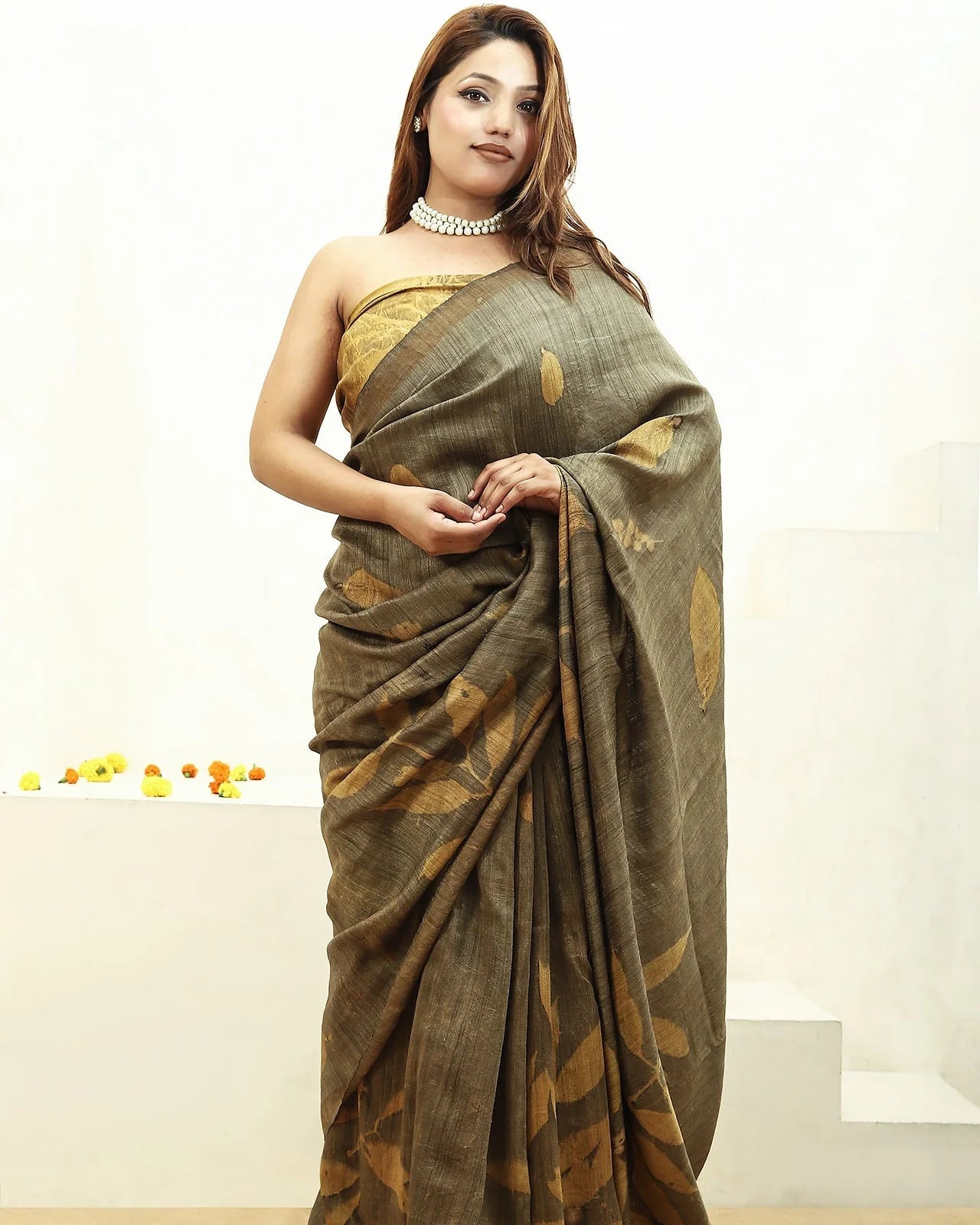 Jamun Ecoprinted Matka Silk Saree Natural Dye – Womens Saree on Brown Living™. SKU: MTS1. Img 7.