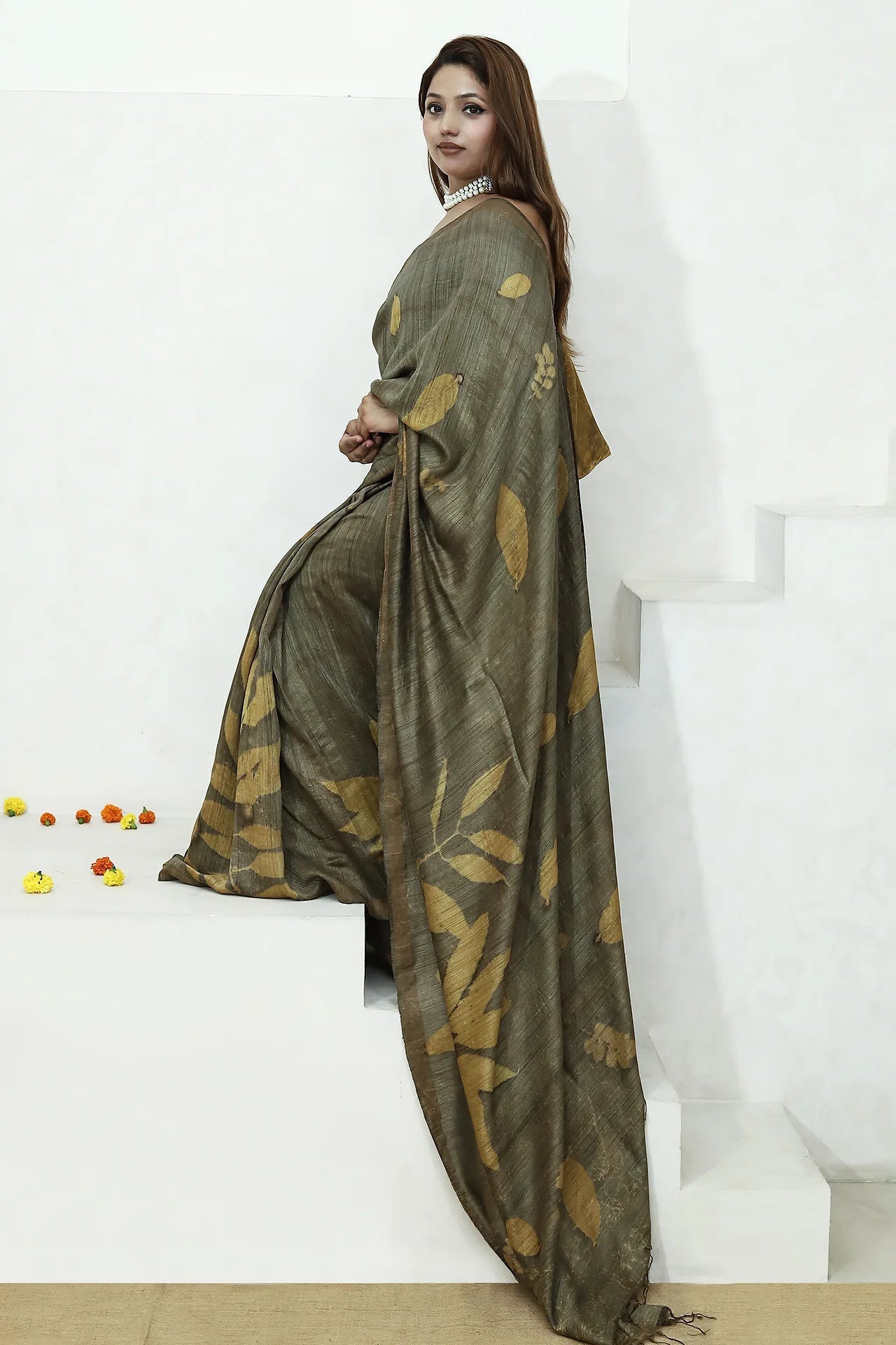Jamun Ecoprinted Matka Silk Saree Natural Dye – Womens Saree on Brown Living™. SKU: MTS1. Img 5.
