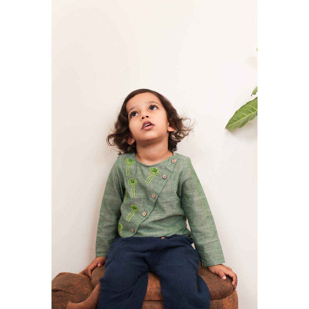 Jovial Jellyfish Shirt | Olive Green Cotton Shirt for Boys – Kids Daywear Sets on Brown Living™. SKU: MCBL32. Img 1.