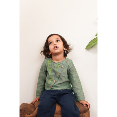 Jovial Jellyfish Shirt | Olive Green Cotton Shirt for Boys – Kids Daywear Sets on Brown Living™. SKU: MCBL32. Img 1.