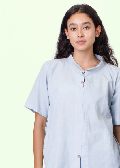 Jude – Cotton Linen Mandarin Collar T-Shirt – Mens T-Shirt by Phuhar's available on Brown Living™. Blue Xs. SKU: pH2561. Img 6.