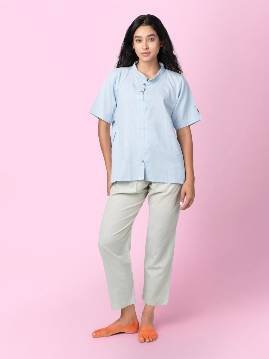 Jude – Cotton Linen Mandarin Collar T-Shirt – Mens T-Shirt by Phuhar's available on Brown Living™. Blue Xs. SKU: pH2561. Img 5.