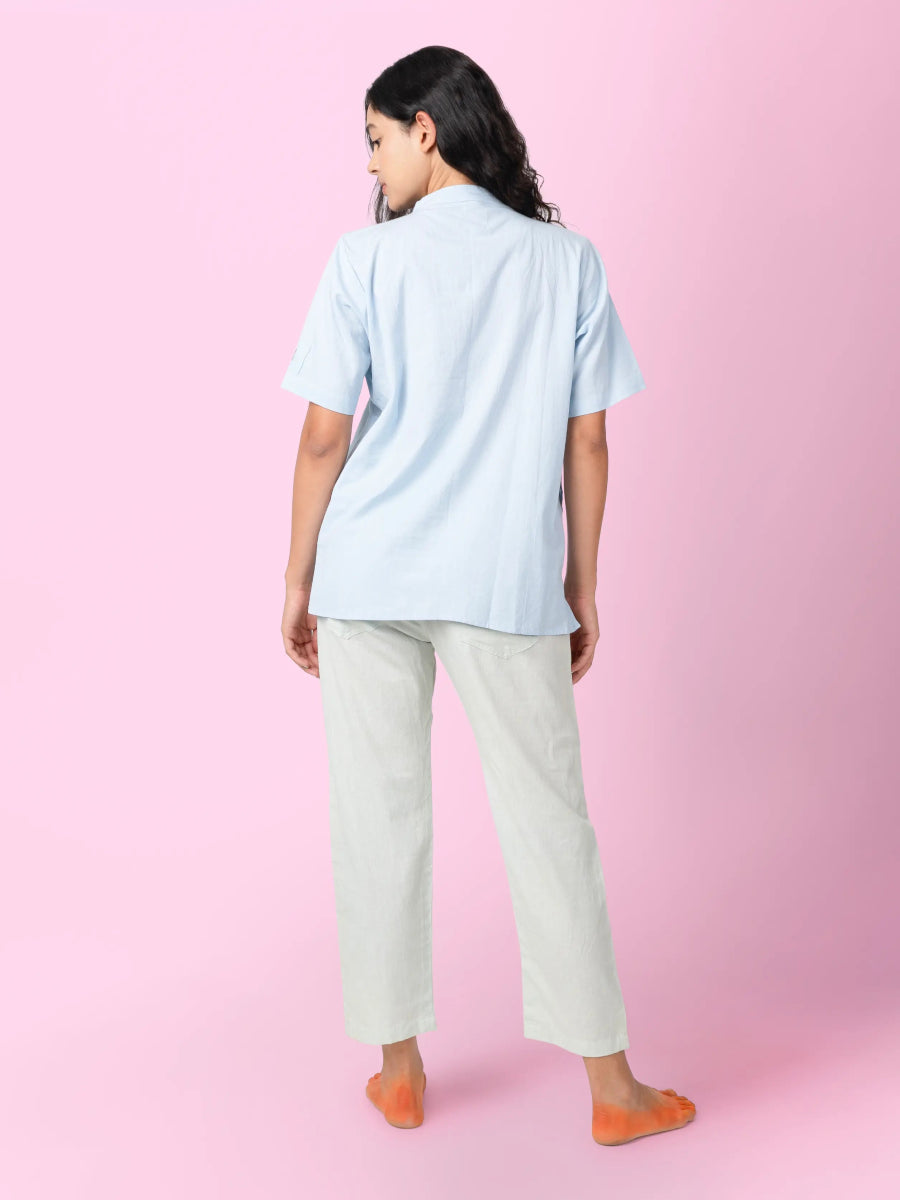 Jude – Cotton Linen Mandarin Collar T-Shirt – Mens T-Shirt by Phuhar's available on Brown Living™. Blue Xs. SKU: pH2561. Img 8.