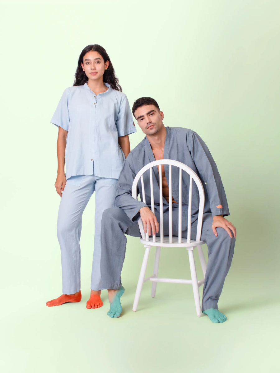 Jude – Cotton Linen Mandarin Collar T-Shirt – Mens T-Shirt by Phuhar's available on Brown Living™. Blue Xs. SKU: pH2561. Img 7.