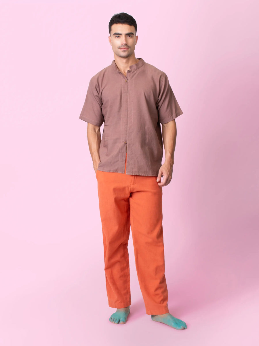 Jude – Cotton Linen Mandarin Collar T-Shirt – Mens T-Shirt by Phuhar's available on Brown Living™. Brown Xs. SKU: pH2611. Img 2.