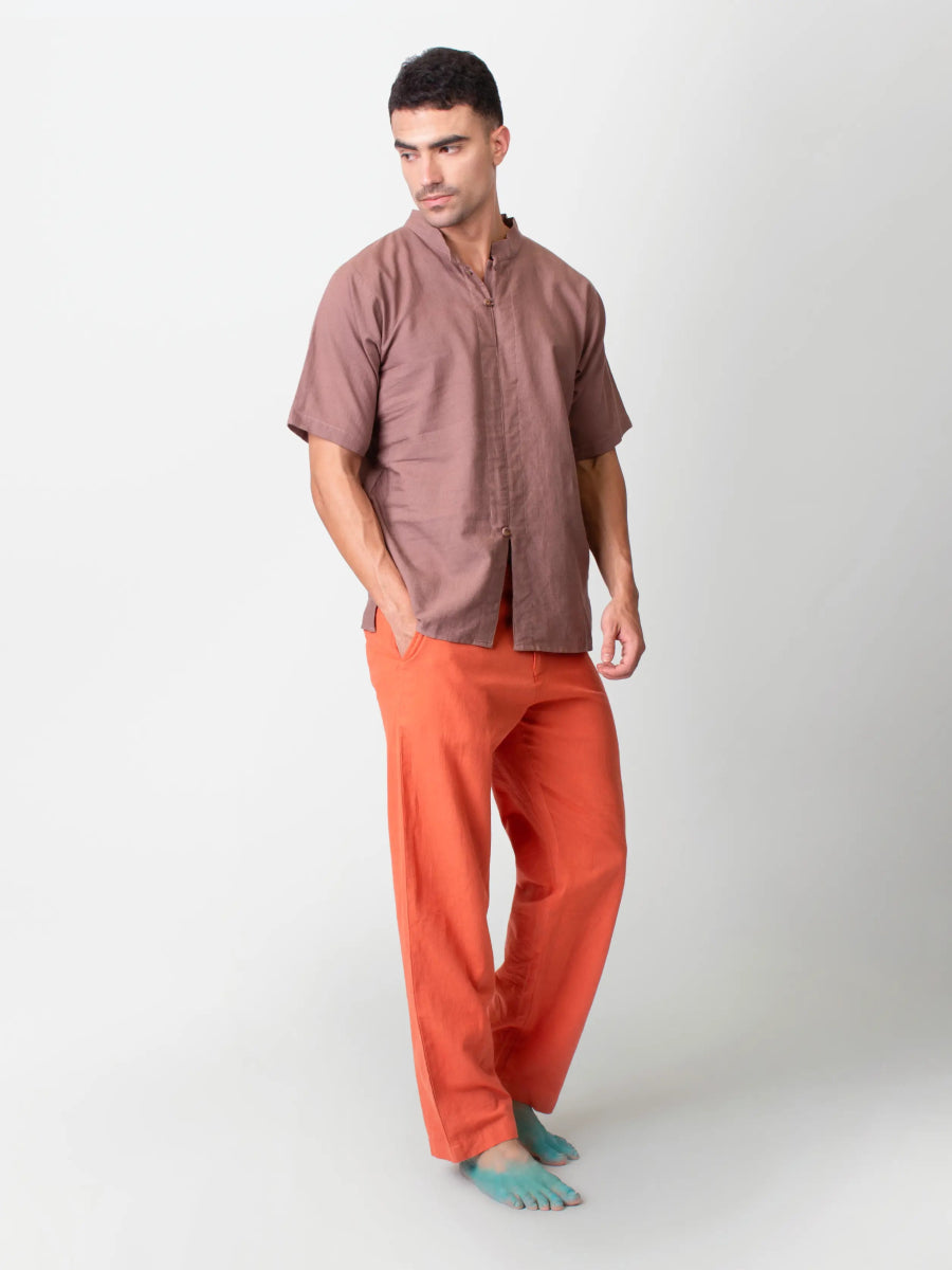 Jude – Cotton Linen Mandarin Collar T-Shirt – Mens T-Shirt by Phuhar's available on Brown Living™. Brown Xs. SKU: pH2611. Img 3.