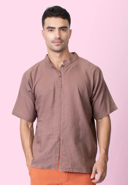 Jude – Cotton Linen Mandarin Collar T-Shirt – Mens T-Shirt by Phuhar's available on Brown Living™. Brown Xs. SKU: pH2611. Img 1.