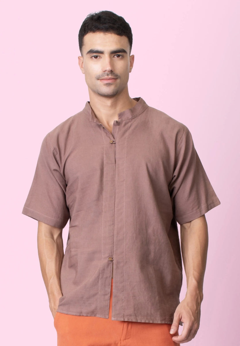 Jude – Cotton Linen Mandarin Collar T-Shirt – Mens T-Shirt by Phuhar's available on Brown Living™. Brown Xs. SKU: pH2611. Img 1.