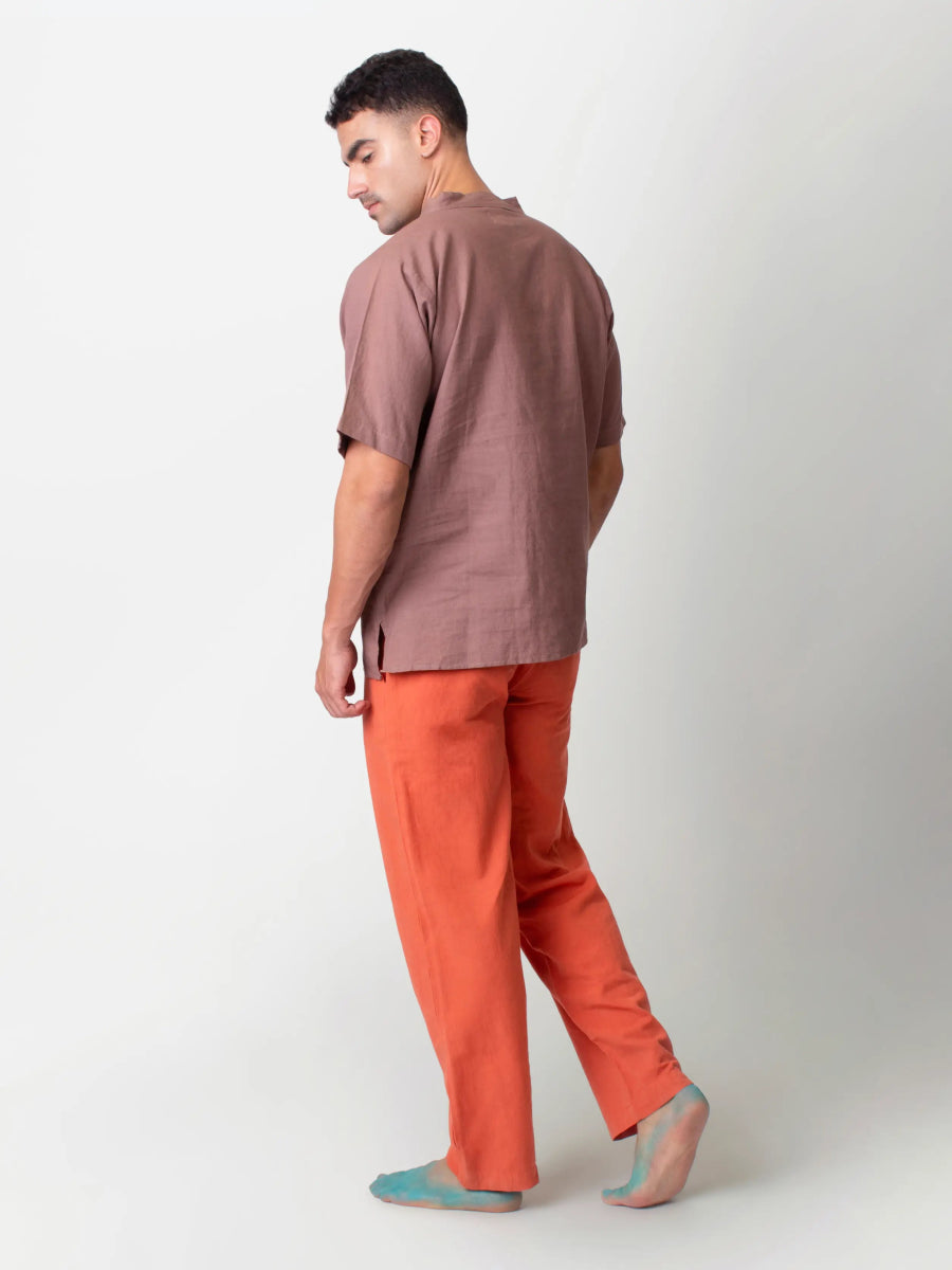 Jude – Cotton Linen Mandarin Collar T-Shirt – Mens T-Shirt by Phuhar's available on Brown Living™. Brown Xs. SKU: pH2611. Img 4.