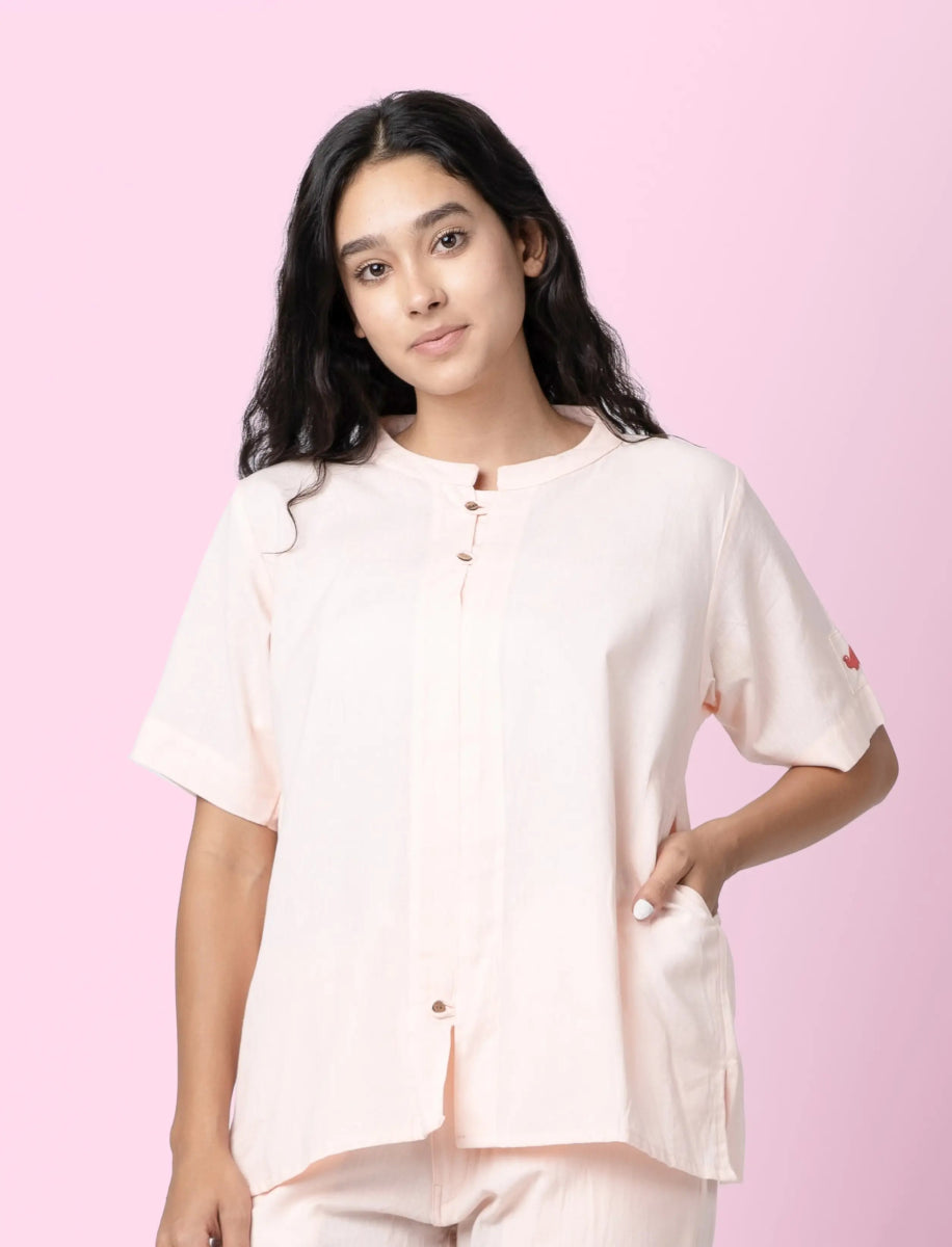 Jude – Cotton Linen Mandarin Collar T-Shirt – Mens T-Shirt by Phuhar's available on Brown Living™. Pink Xs. SKU: pH2661. Img 9.