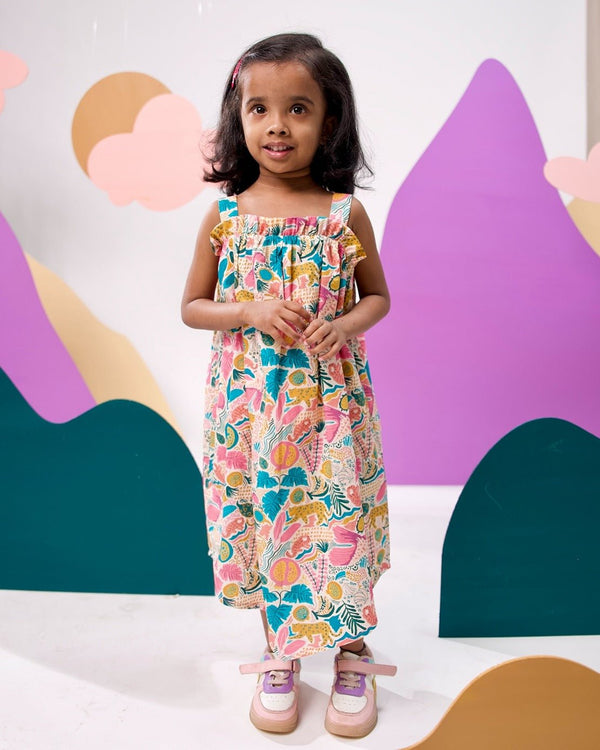 Jungle Bungle Printed Cotton Tie- Up Maxi Dress | Verified Sustainable Kids Frocks & Dresses on Brown Living™