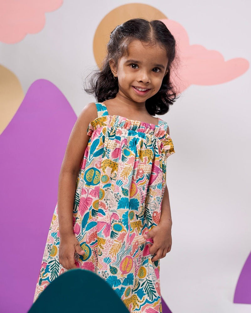 Jungle Bungle Printed Cotton Tie- Up Maxi Dress | Verified Sustainable Kids Frocks & Dresses on Brown Living™