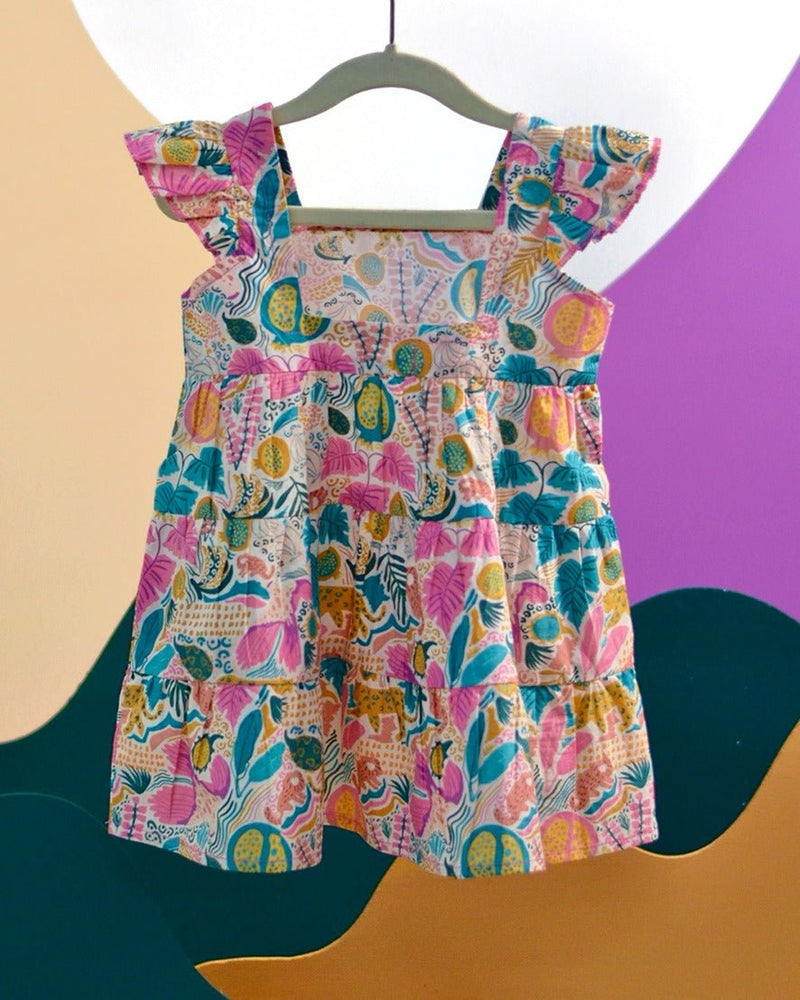 Jungle Bungle Printed Cotton Tiered Dress | Verified Sustainable Kids Frocks & Dresses on Brown Living™