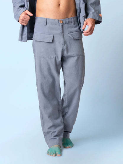 Juno – Handcrafted Cotton Linen Patch Pocket Pants – Mens Pants by Phuhar's available on Brown Living™. Grey Xs. SKU: pH0061. Img 1.