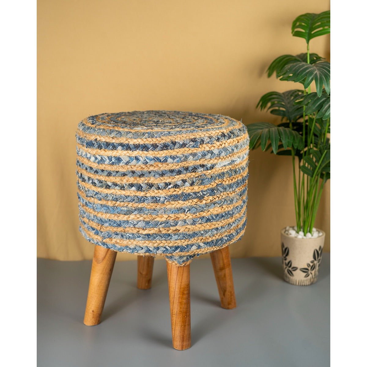 Jute Denim Stool | Blue Beige Handcrafted Wooden Seating – Home Décor on Brown Living™. SKU: ANTBBJDSHH. Img 5.